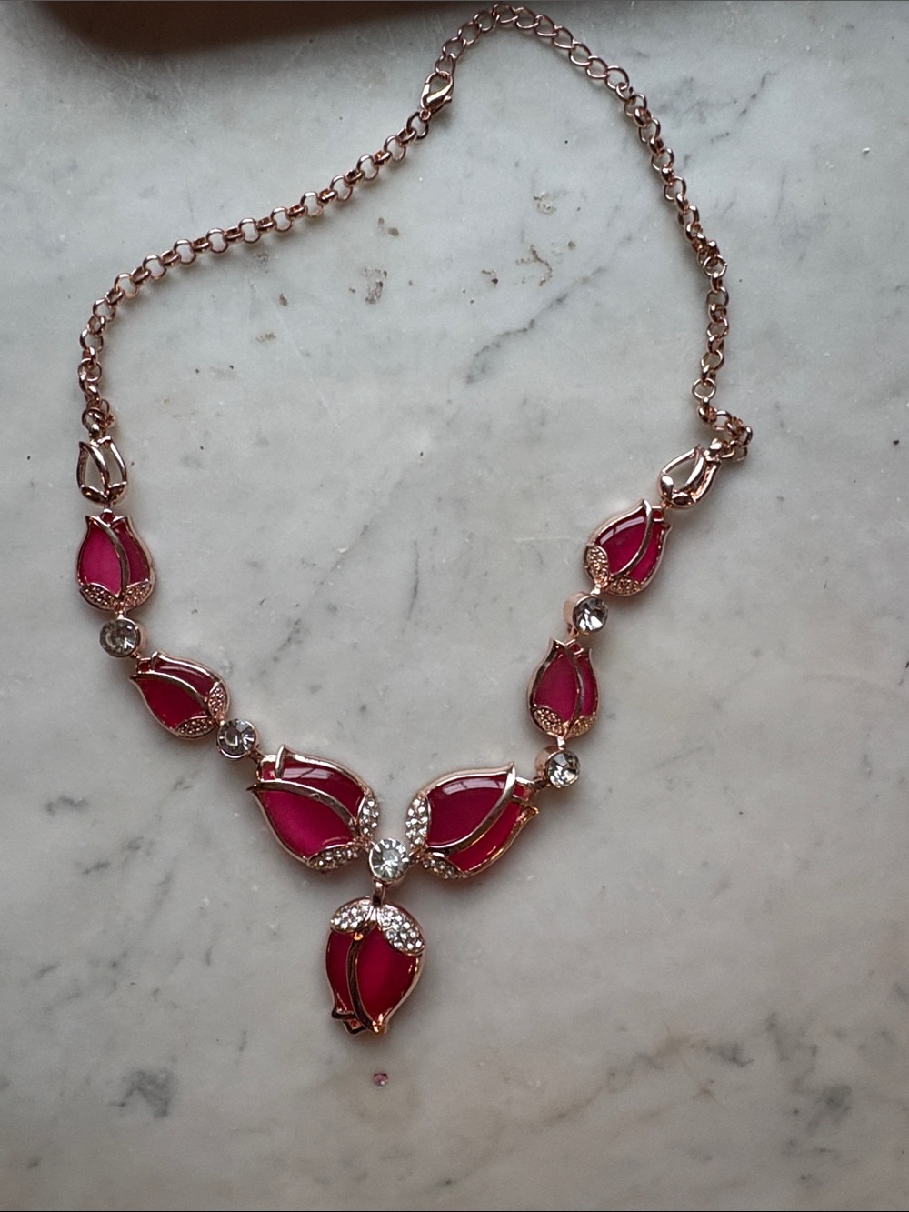 Rose Gold Necklace with Bright Pink Petal Accents